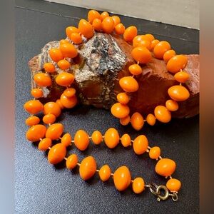 Midcentury Orange Melon Necklace Tangerine Plastic Trade Beads 24” Brass Clasp